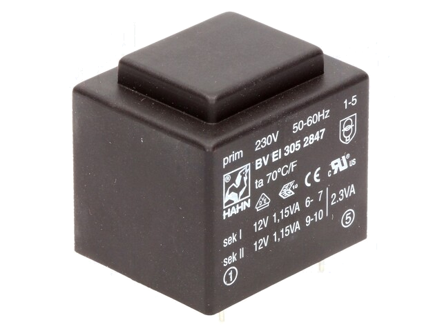 Transformator: ingegoten; 2,3VA; 230VAC; 12V; 12V; 96mA; 96mA; PCB Transformator: ingegoten; 2,3VA; 230VAC; 12V; 12V; 96mA; 96mA; PCB